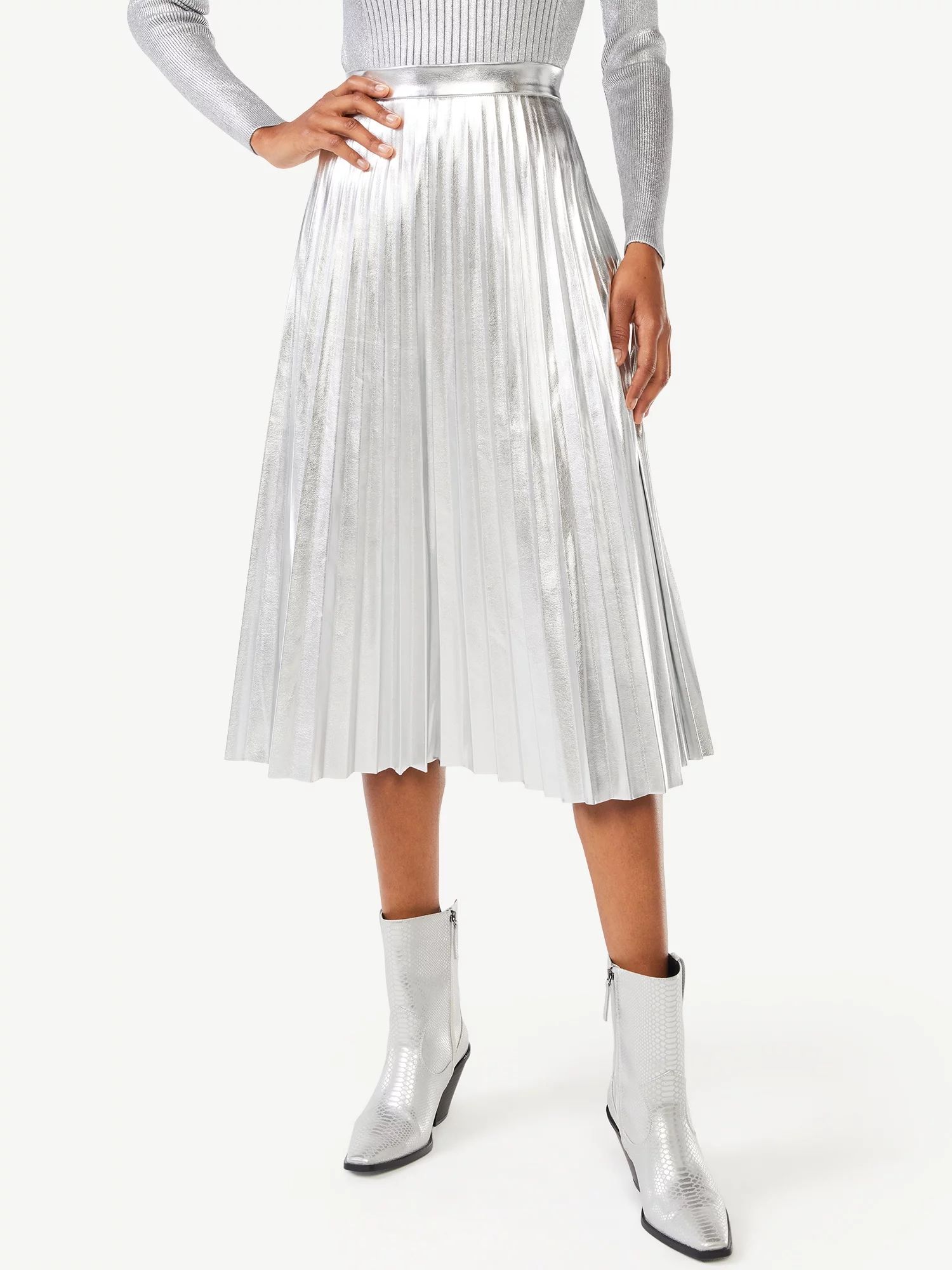 Scoop Women's Metallic Faux Leather Pleated Skirt | Walmart (US)