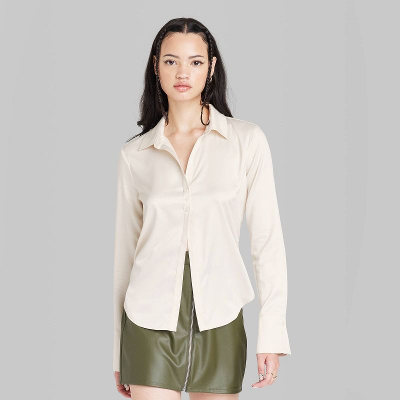 Women's Bell Long Sleeve Collared Satin Button-Down Shirt - Wild Fable™ | Target