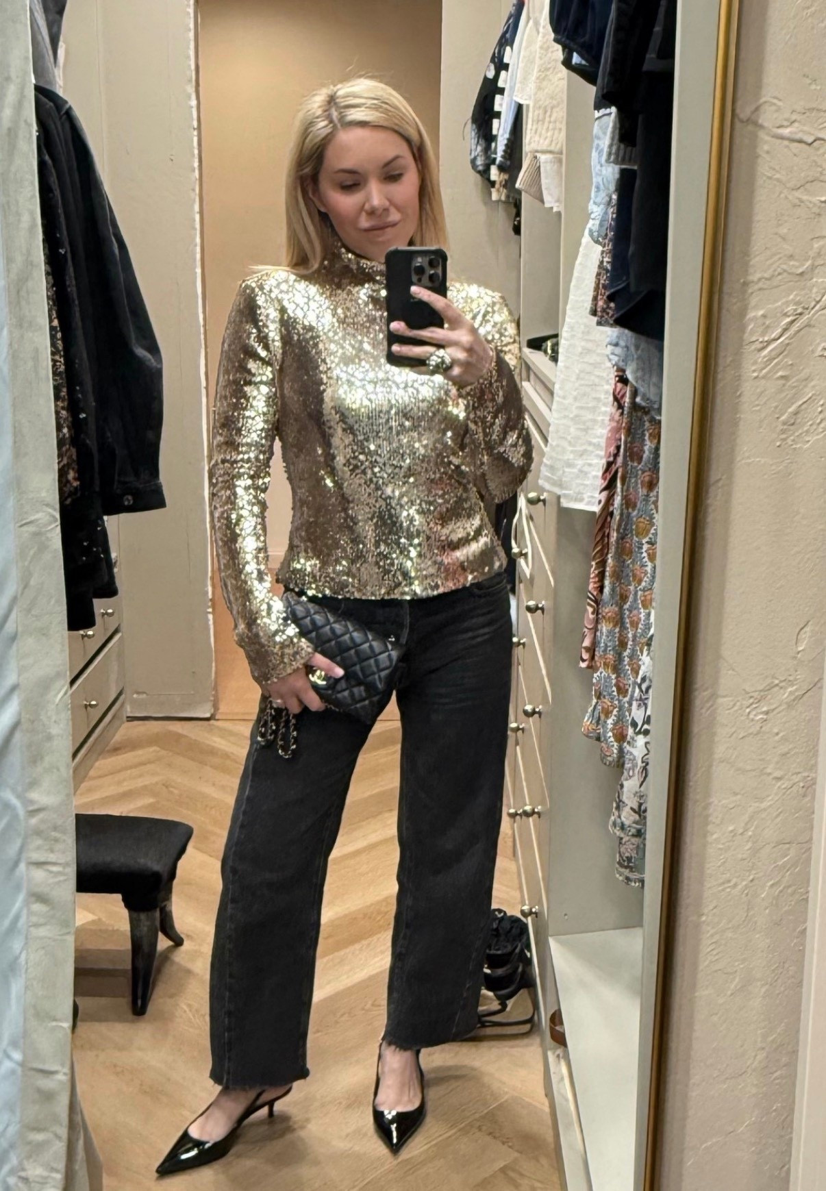 Party outfit 
Sequin top with jeans 