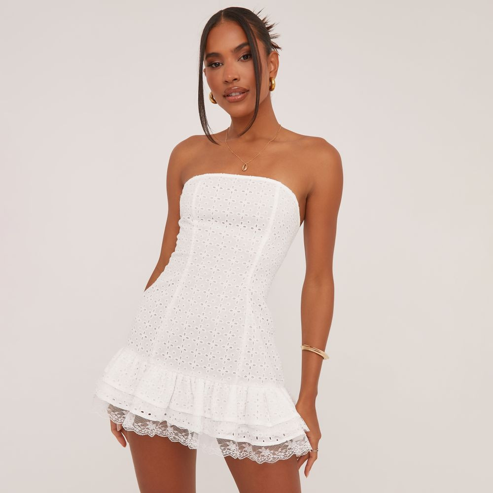 Bandeau Frill Hem Broderie Mini Dress In White | EGO (UK)