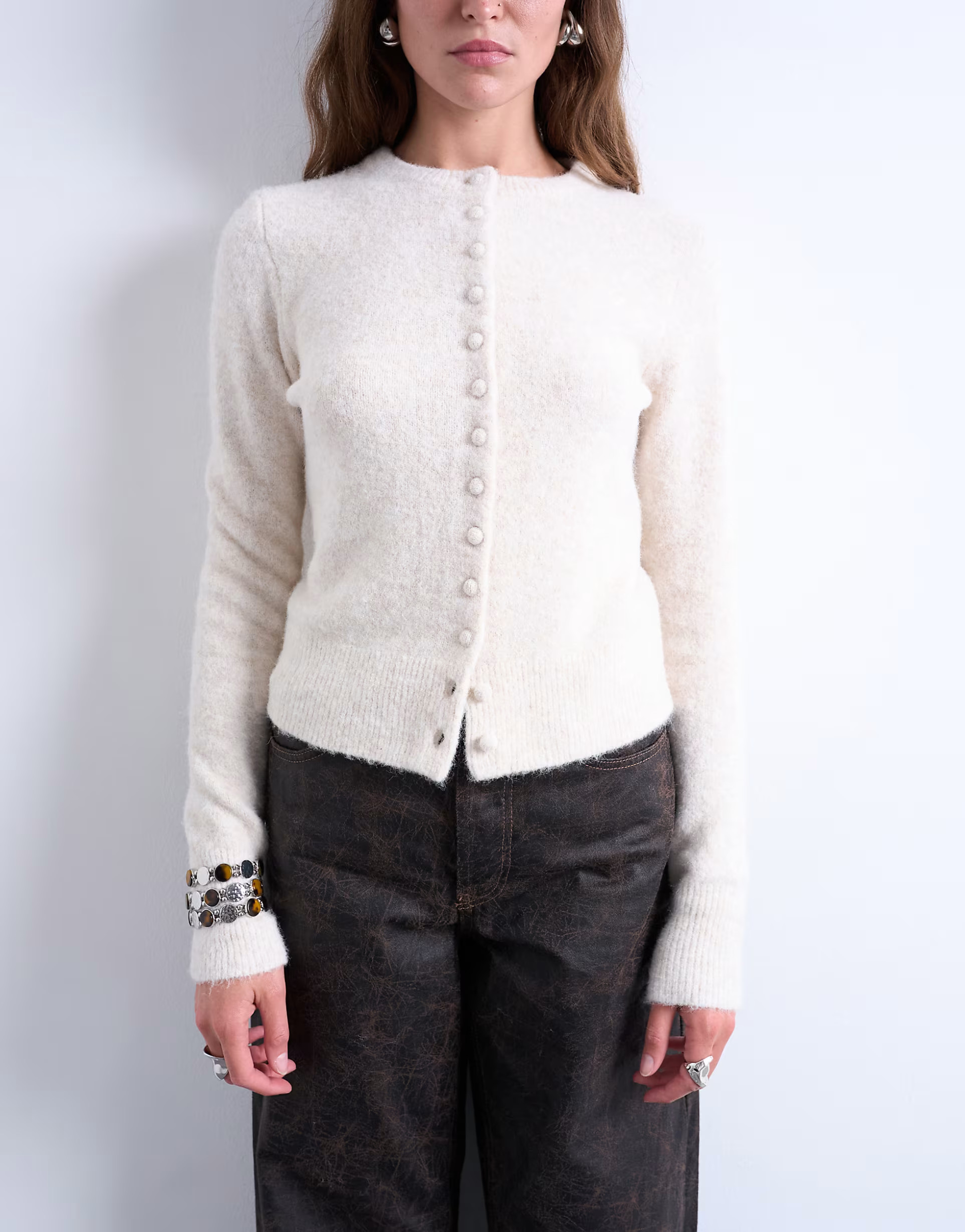 Topshop knitted covered button cardigan in ivory | ASOS (Global)