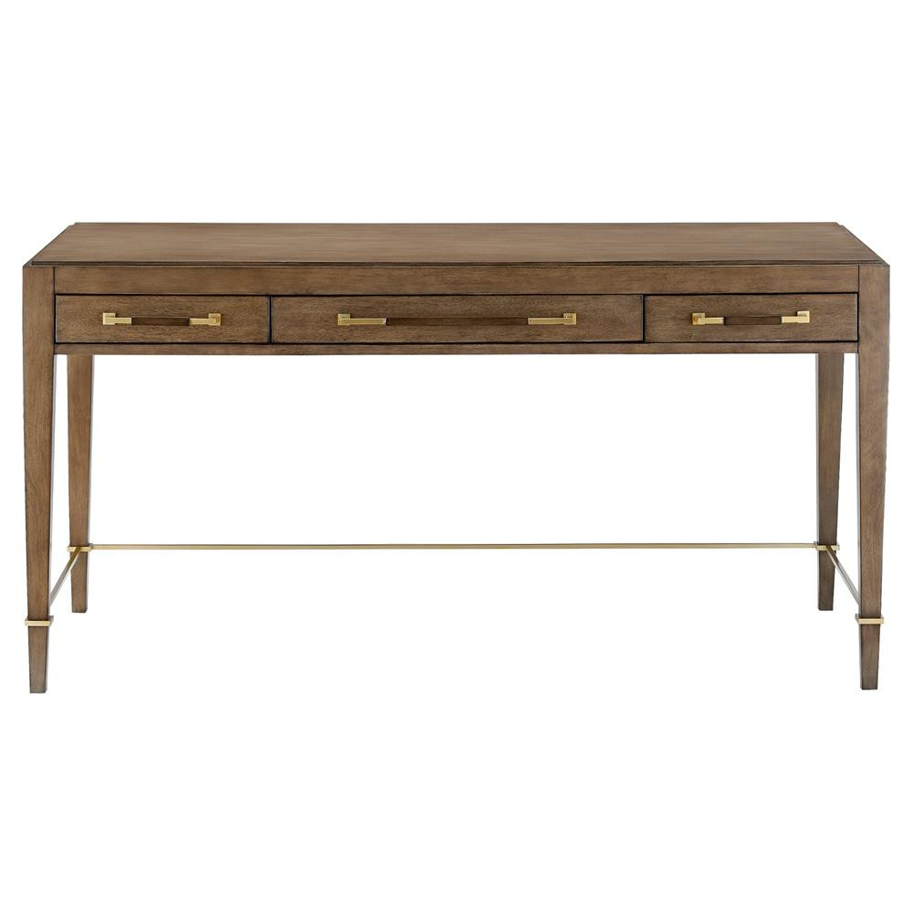 Audrina Rustic Lodge Brown Mahogany Wood Gold Metal Pull 3 Drawer Desk | Kathy Kuo Home