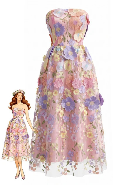 Pink 1940s Floral Bandeau Sleeveless A-line Dress | Retro Stage