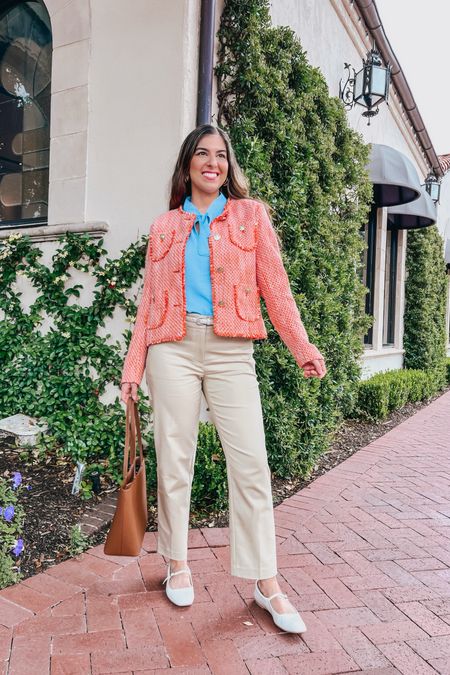 Spring Work Wear Outfit 🩵🧡 Tweed Jacket, Blouse, and Business Causal Work pants all fit true to size with other colors too! 

Teacher Outfit | Office Outfit 


#LTKWorkwear #LTKFindsUnder50 #LTKSeasonal