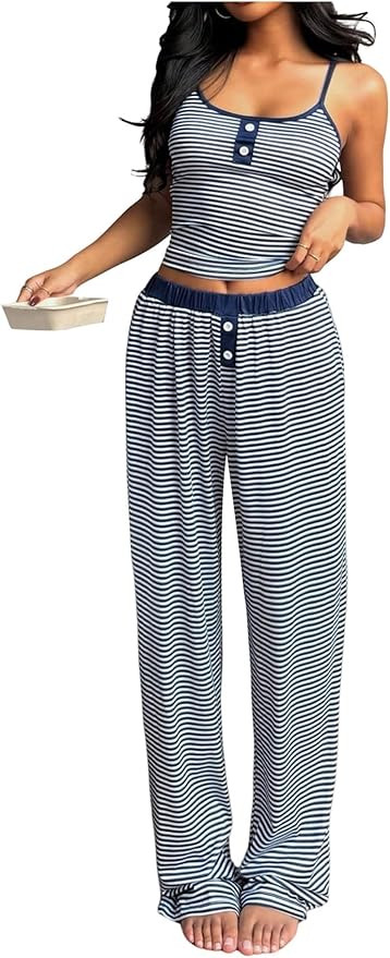 OYOANGLE Women's Striped Lounge Set 2 Piece Pajama Set Y2K Cami Crop Top and Pants Pajamas Sleepw... | Amazon (US)