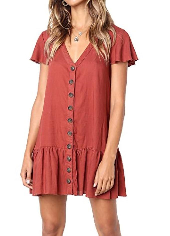 FOUR CLOUR Women's Casual Summer Deep V Neck Button Down Short Sleeve Mini Dress | Amazon (US)