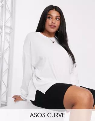 ASOS DESIGN Curve oversized long sleeve t-shirt with cuff detail in white | ASOS (Global)