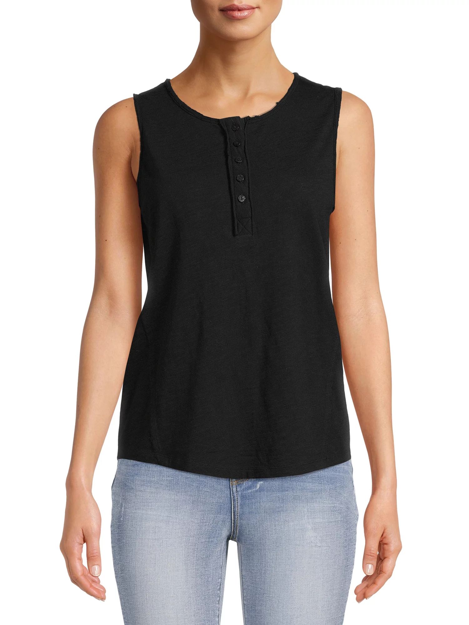 Time and Tru Women's Henley Tank Top with Fashion Raw Edge Detail | Walmart (US)