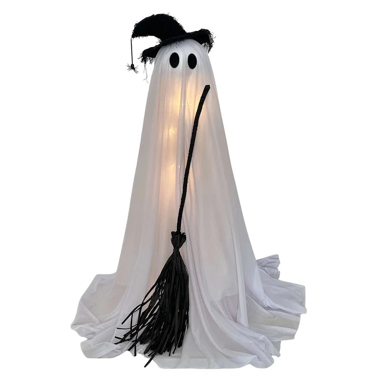 Light-Up Standing Fabric Ghost with Broom Decoration, Black and White, 36", Halloween by Way To C... | Walmart (US)
