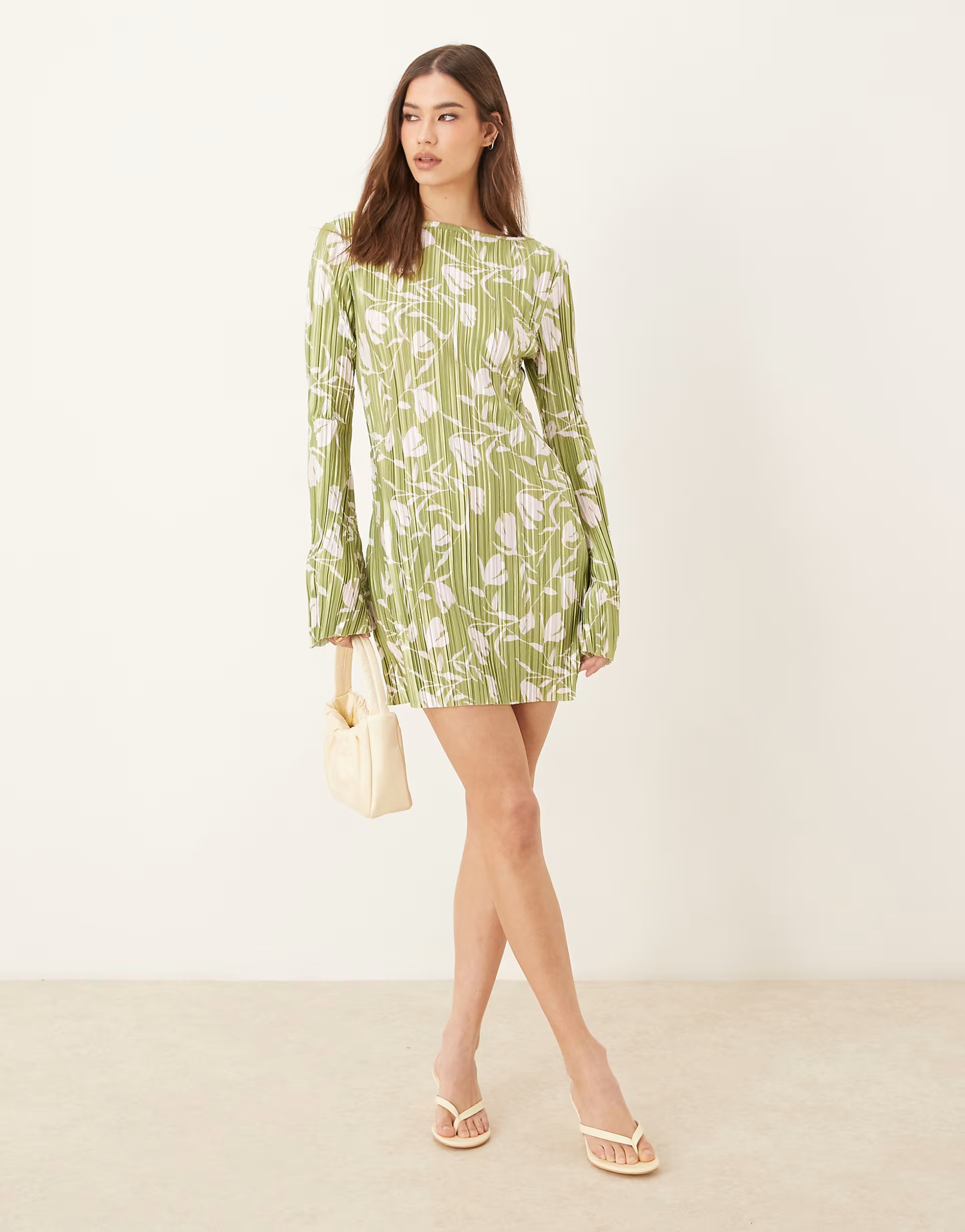 ASOS DESIGN long angel sleeve plisse mini dress in green and white print | ASOS (Global)