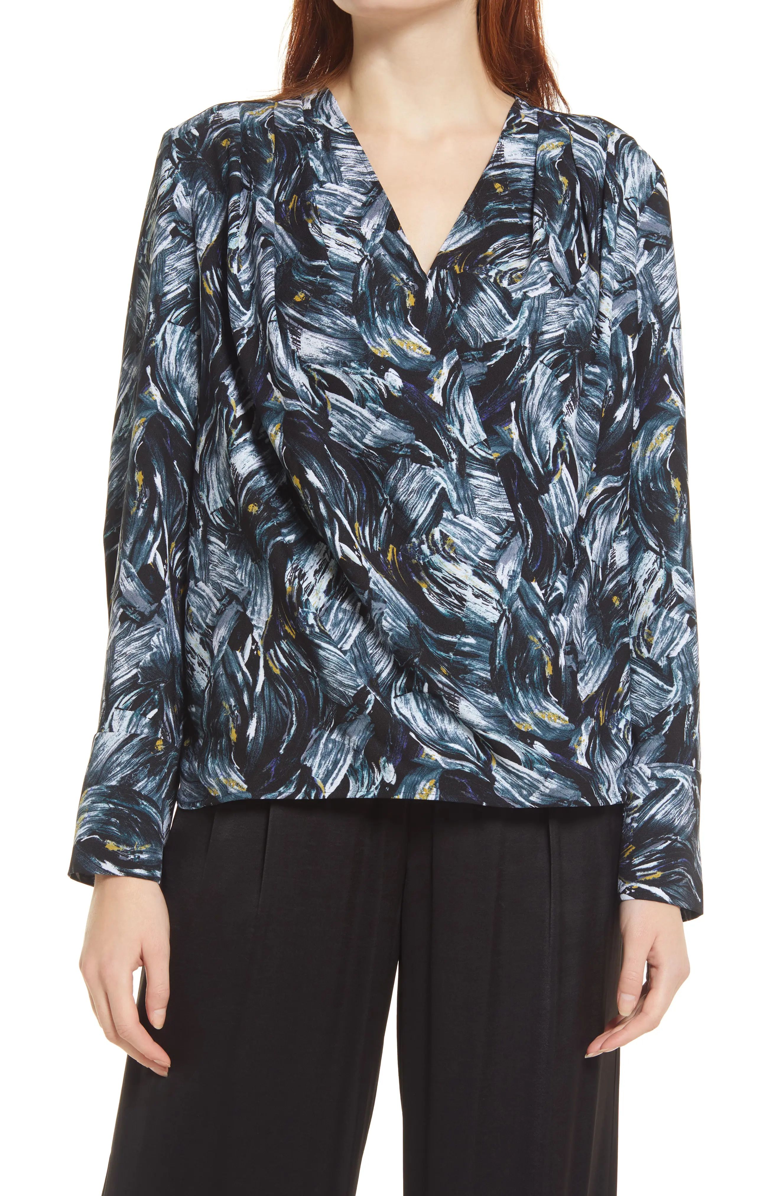 Nordstrom Faux Wrap Blouse in Teal- Black Smoke Swirl at Nordstrom, Size Medium | Nordstrom