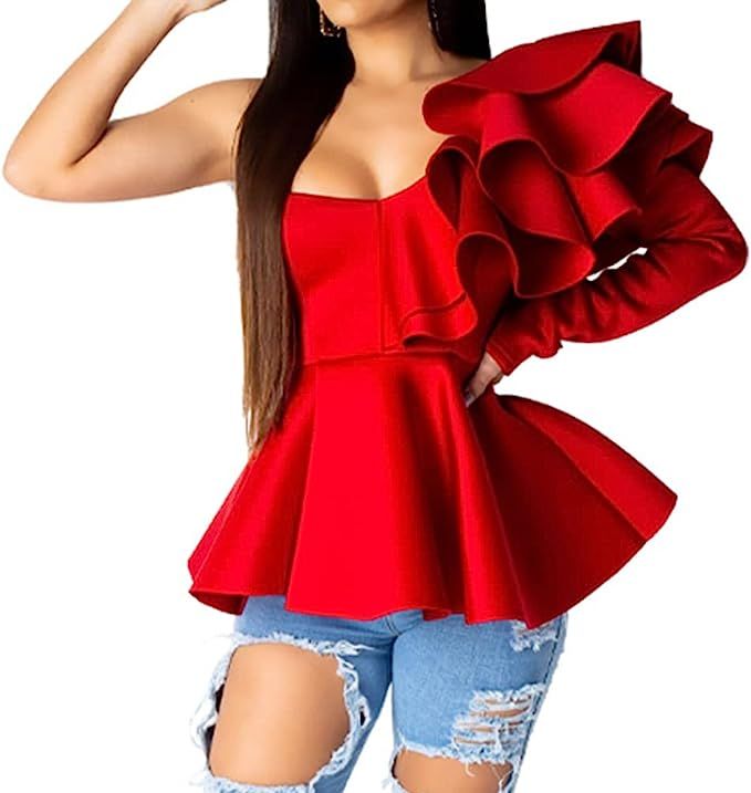 Women's One Shoulder Long Sleeve Ruffle Blouse Sexy Bodycon Waist A-Line Tube Tops Evening Cockta... | Amazon (US)