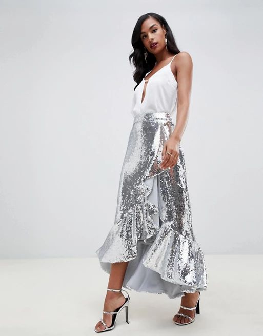 TFNC sequin high low skirt with frills in silver | ASOS US