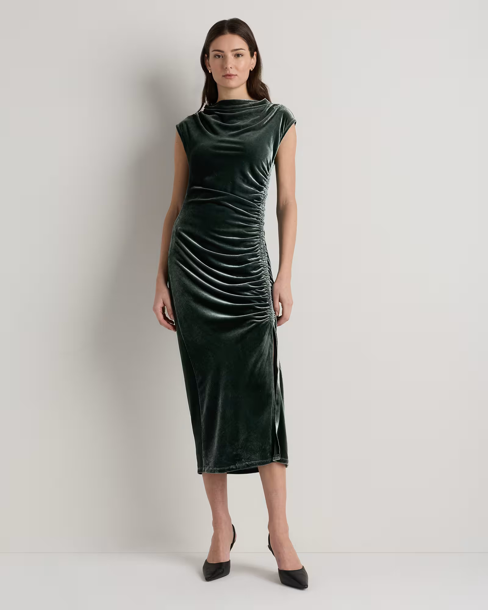 Stretch Silk Velvet Ruched Midi Dress | Quince