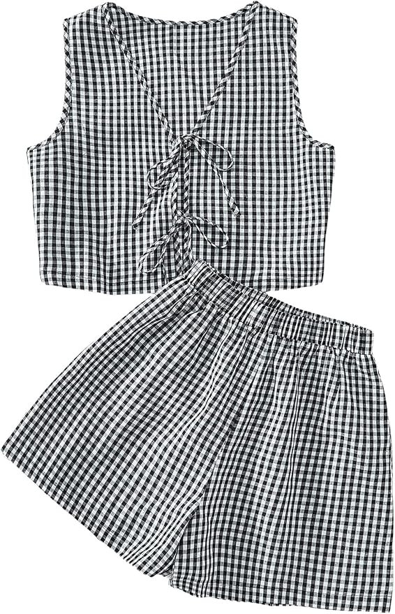 SOLY HUX Women's Summer 2 Piece Outfits Plaid Print Sleeveless Tie Front Tank Top Vest Shorts Bea... | Amazon (US)