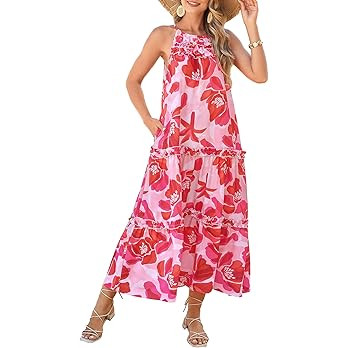 GRACE KARIN 2026 Women's Floral Halter Maxi Dress Boho Summer Beach Sundress with Tiered Ruffle S... | Amazon (US)