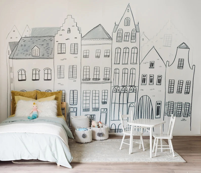 Madeline Wallpaper Dark - Nursery Paris Wallpaper | Paris Wall Art | City Illustrated Mural | Etsy (US)