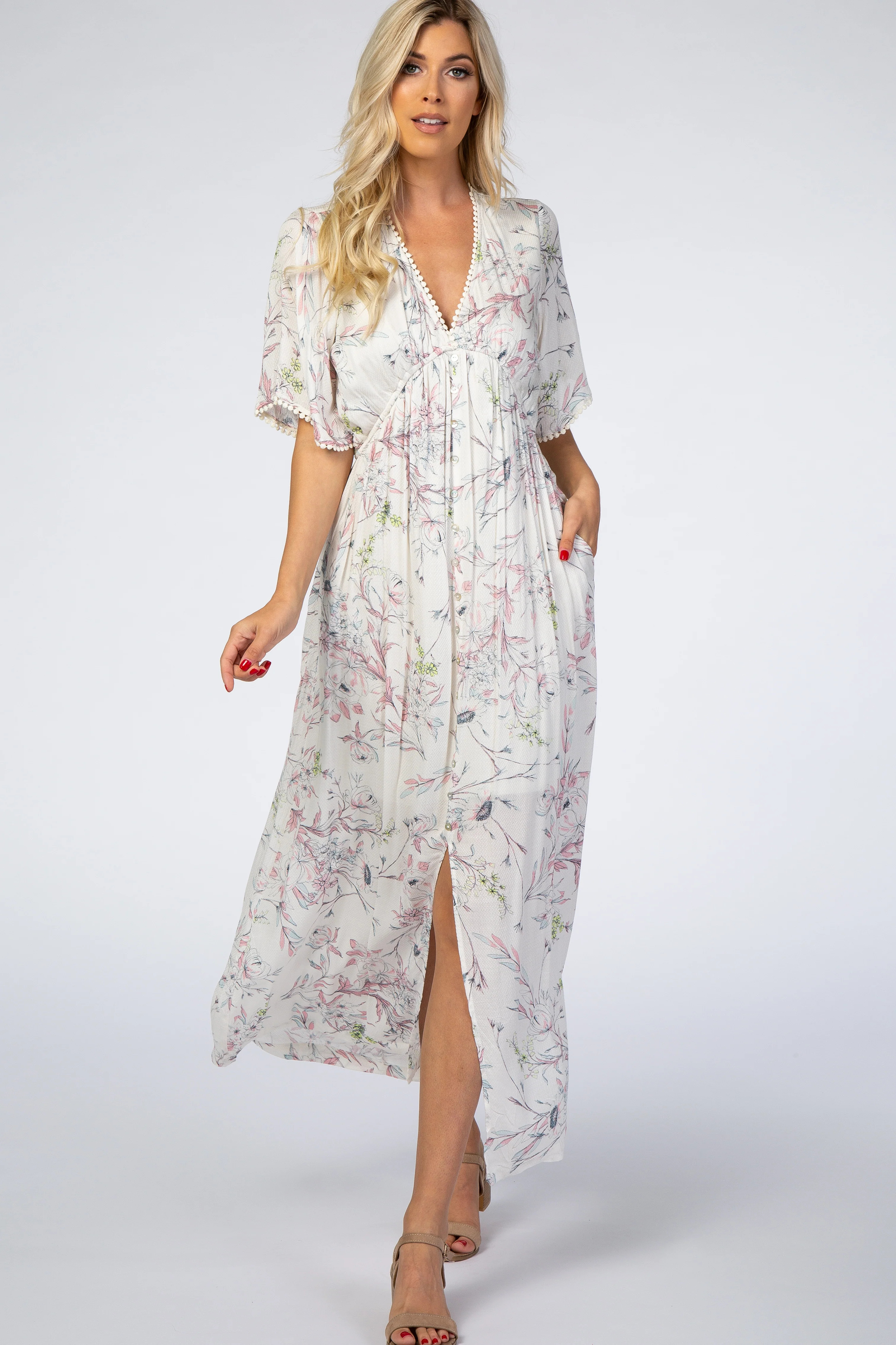 Ivory Floral Button Front Maxi Dress | PinkBlush Maternity