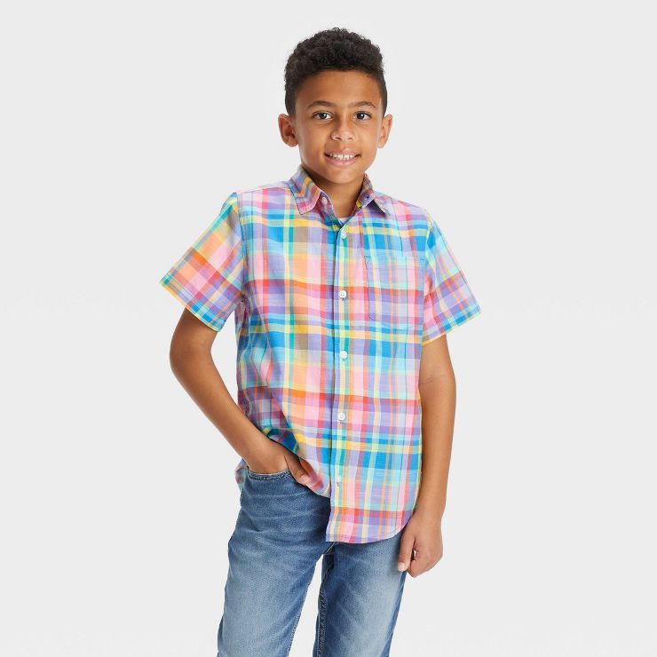 Boys' Short Sleeve Woven Button-Down Shirt - Cat & Jack™ Pink | Target