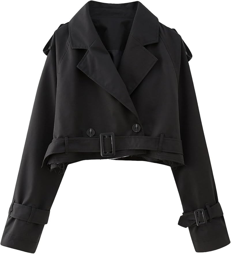 PAODIKUAI Women's Trench Coat Double-Breasted Cropped Jackets Classic Lapel Overcoat with Adjusta... | Amazon (US)