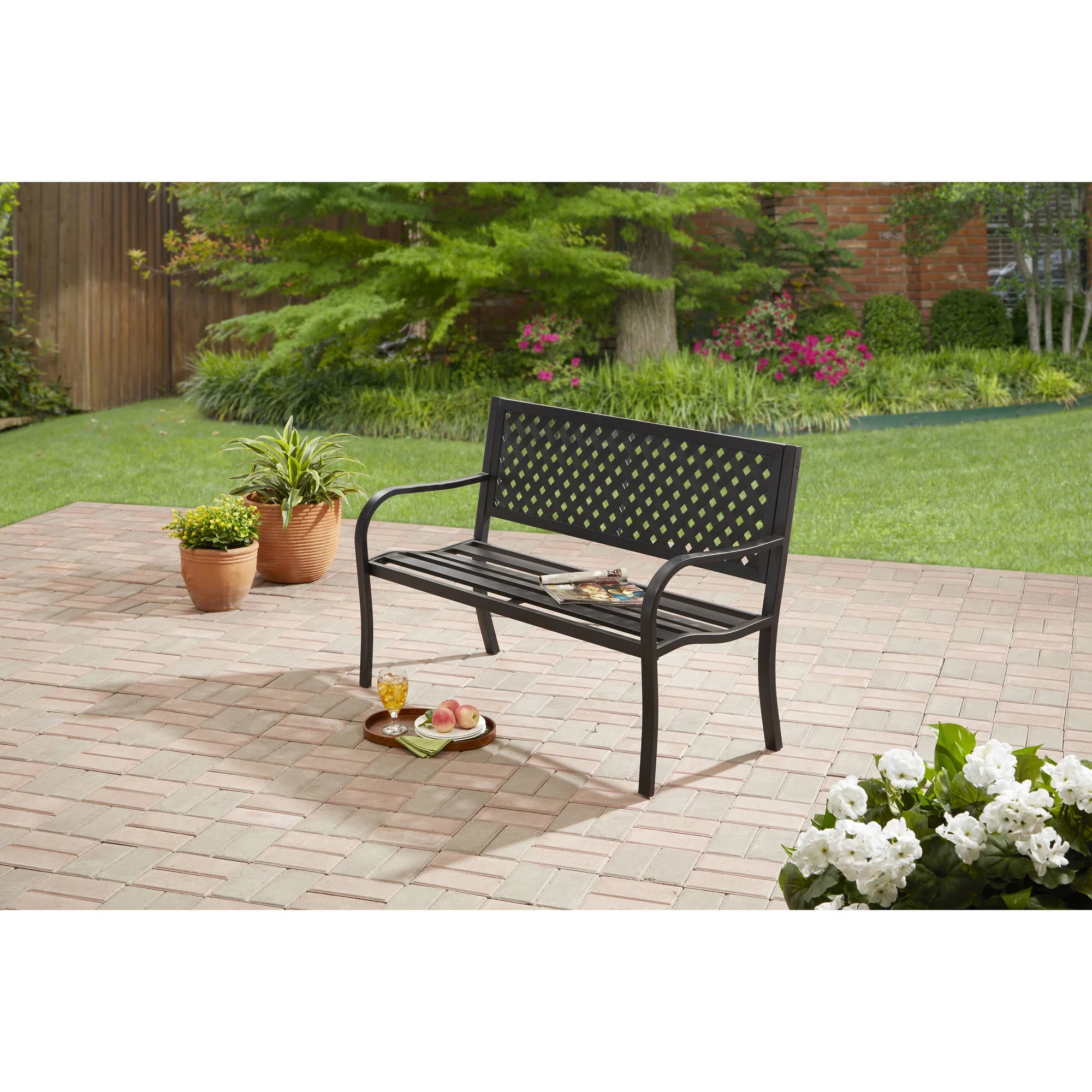 Mainstays Lattice High Back Slat Seat Steel Outdoor Bench, Black - Seats 2 | Walmart (US)