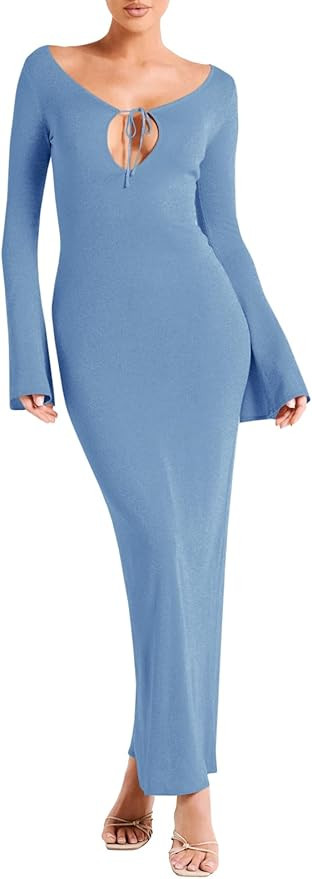Fisoew Womens Long Sleeve Knit Dresses V Neck Tie Front Solid Bodycon Sexy Party Maxi Dress | Amazon (US)