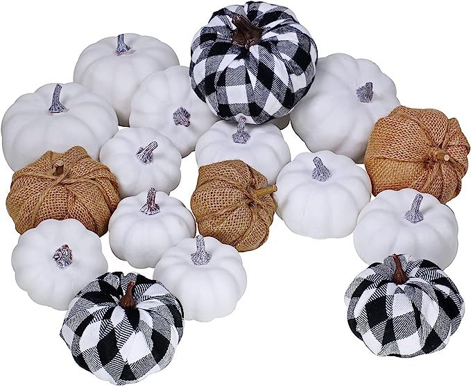 Winlyn 18 PCS Assorted Fall Artificial Pumpkins Rustic Farmhouse Decorative White Pumpkins Burlap... | Amazon (US)