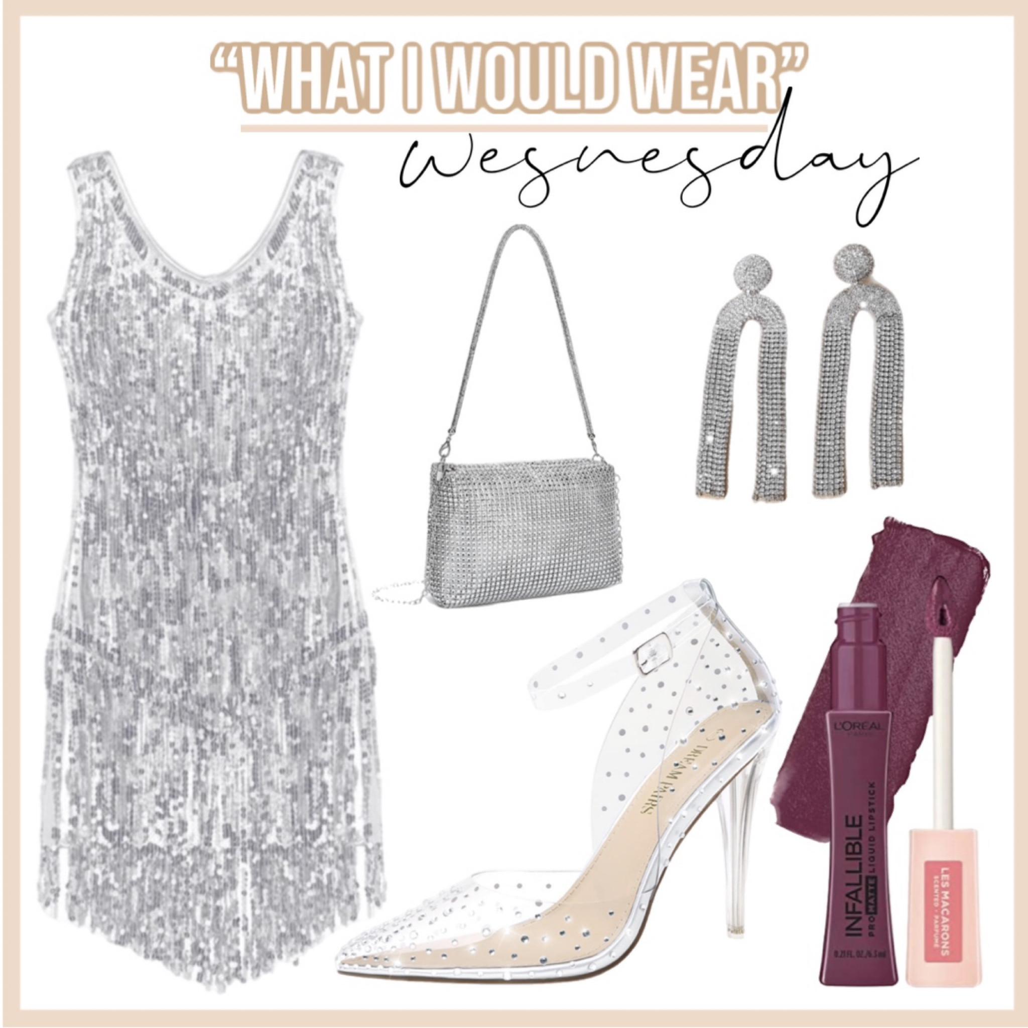 NYE dress - sparkly dress - Walmart dress - clear heels - transparent heels - sparkly bag - statement earrings - NYE earrings - New Years Eve outfit 

#LTKunder50 #LTKshoecrush #LTKHoliday