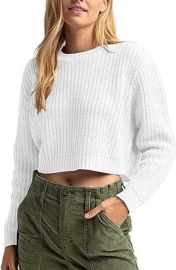 Jumppmile Women's Cropped Sweater Knit Long Sleeve Crewneck Soft Pullover Sweater Top | Amazon (US)