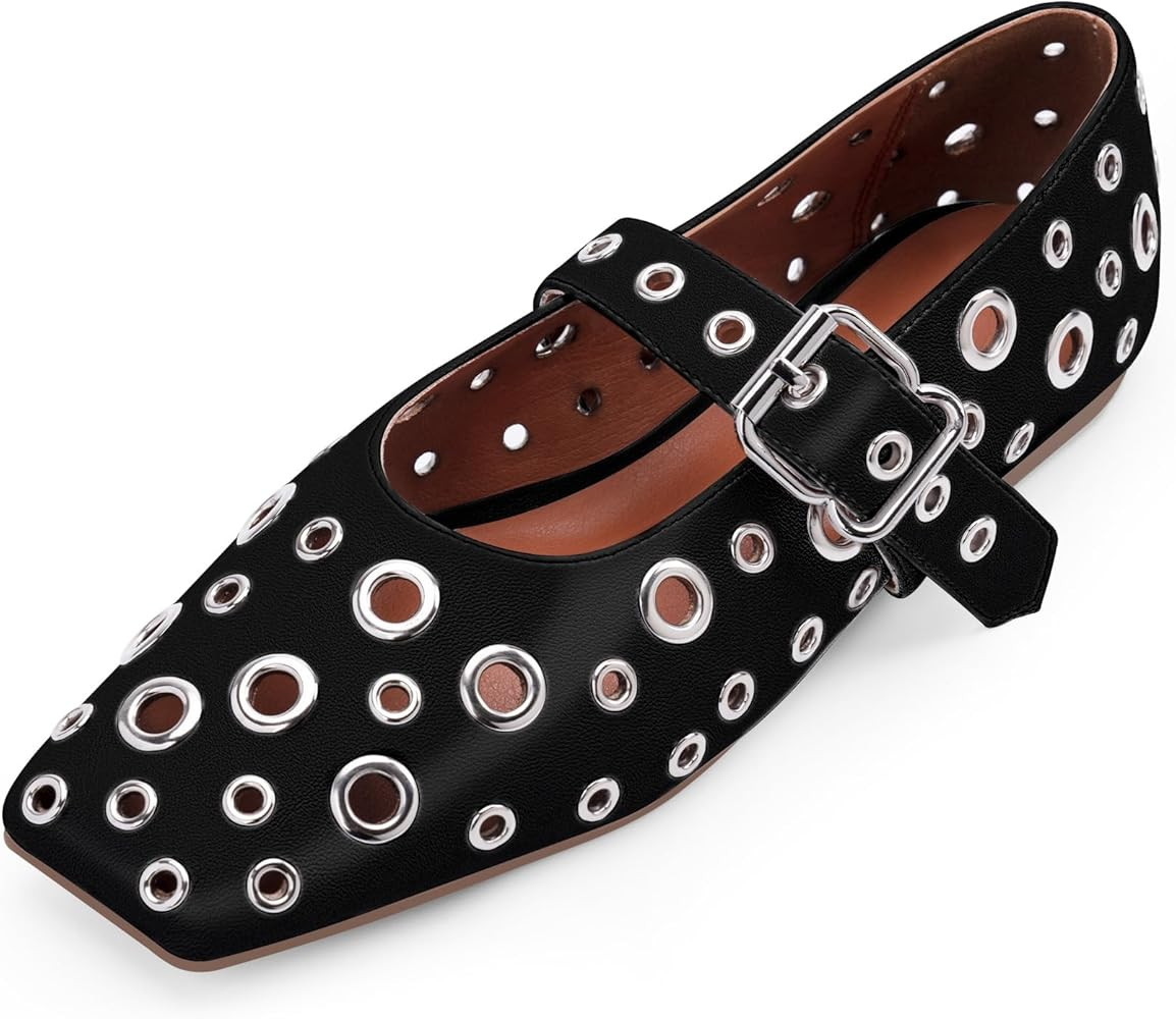 Women's Ballet Flats Studded Metal Eyelet Buckle Perforated Mary Jane Shoes | Amazon (US)