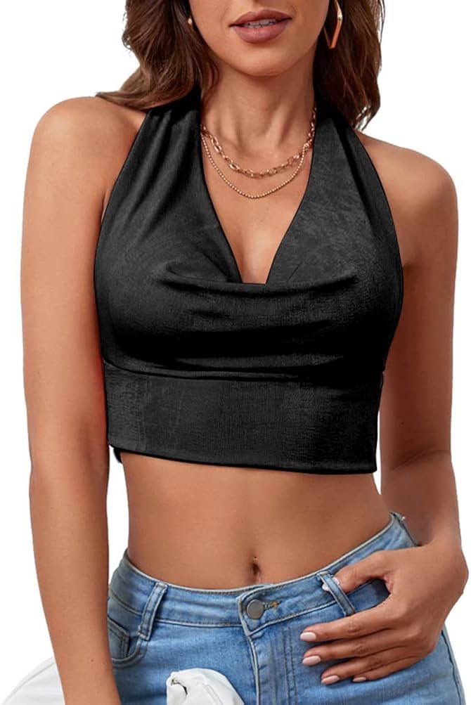 LYANER Women's Halter Cowl Neck Crop Top Tie Back Sleeveless Sexy Club Cami | Amazon (US)