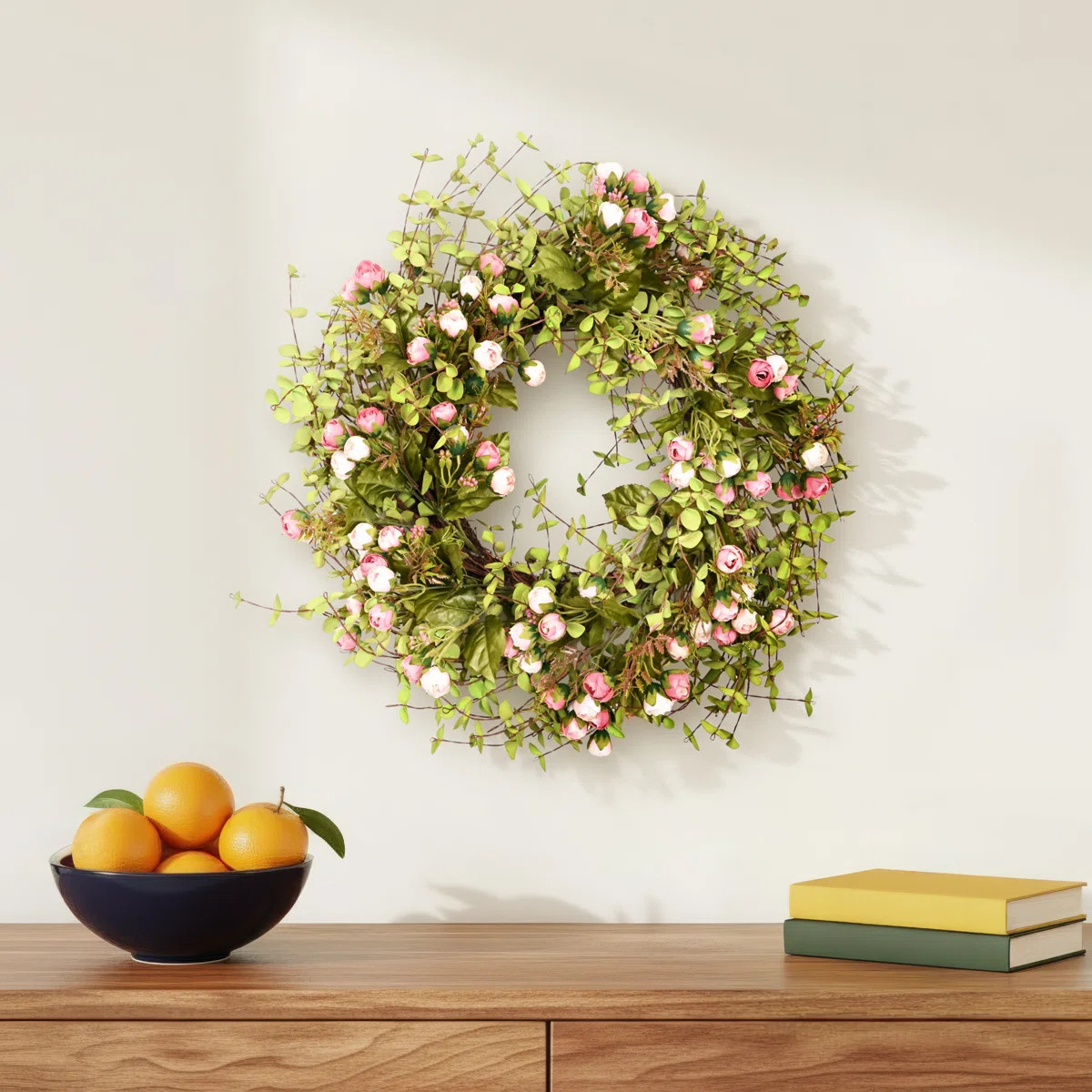 26" Artificial Farmhouse Twig Blossoms Cluster Greenery Mini Eucalyptus Rose Spring Summer Wreath... | Birch Lane