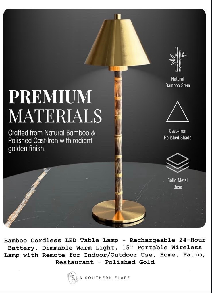 Crafted from Natural Bamboo & Polished Cast-Iron with radiant golden finish.: Cordless Lamp/ Amazon