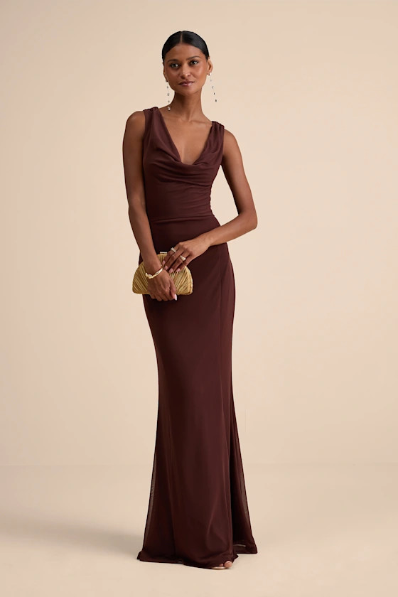 Stunning Mystery Brown Mesh Cowl Back Mermaid Maxi Dress | Lulus