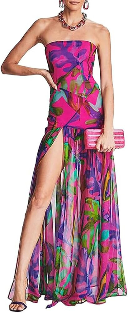 Women Tube Top Dress Tiger Stripe Mesh Patchwork Maxi Dress Strapless Sexy High Slit Long Dresses... | Amazon (US)