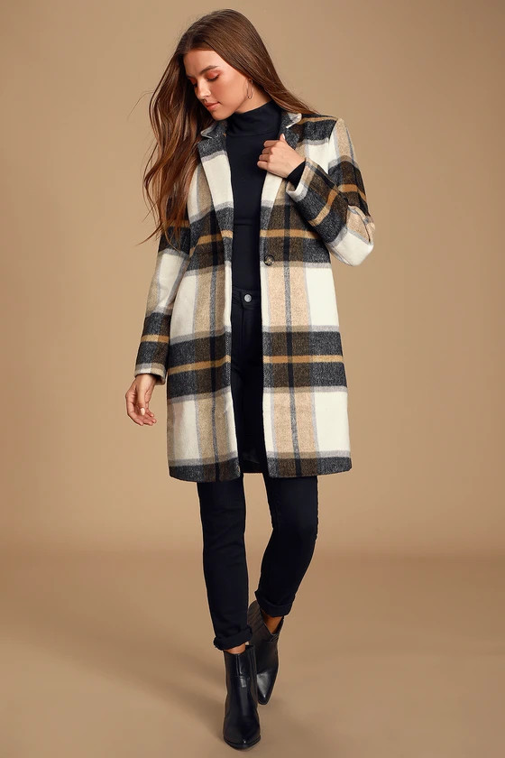 Cher Ivory Plaid Brushed Wool Coat | Lulus (US)
