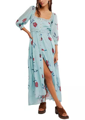 Free People Women's Morning Meadows Long-Sleeve Maxi Dress, Blue, XL | Belk