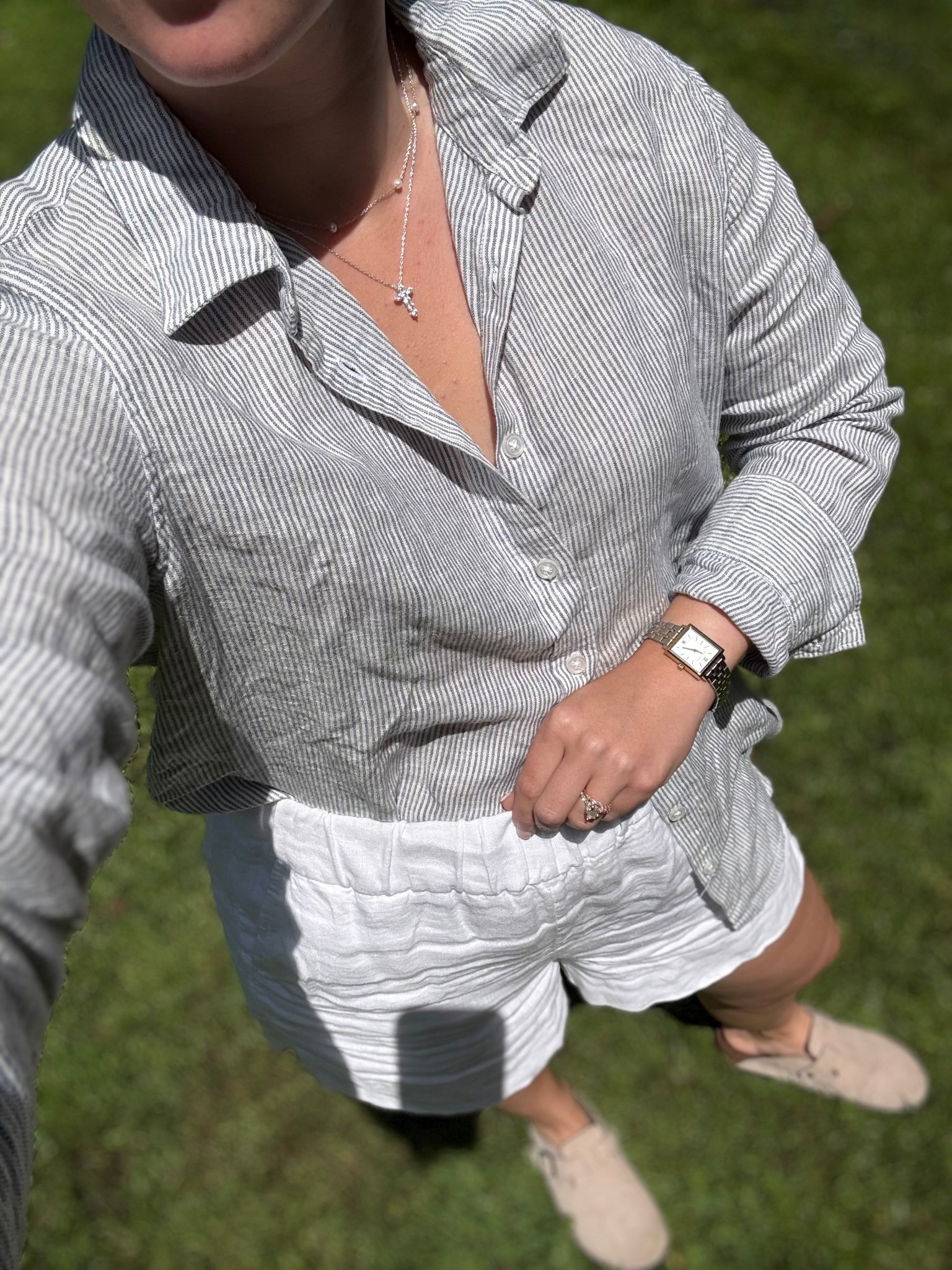 What to wear in Nantucket
New England summer
Vacation outfit idea 
Nantucket casual day outfit 
Casual summer outfit - Nancy Meyers aesthetic 

Linen button up striped - Small
White linen shorts - small 
Birkenstock clogs 

#LTKSeasonal #LTKFindsUnder100 #LTKTravel