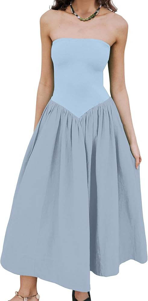 Livtany Vestido midi con hombros descubiertos para mujer, sin tirantes, sin mangas, con cintura c... | Amazon (US)