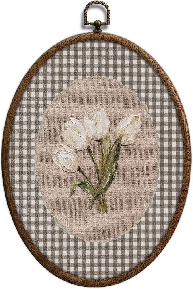 White Tulips Oval Wall Decor, Floral Cottage Core Wall Decor, Brown Gingham Grandmillennial Decor... | Amazon (US)