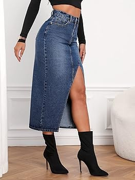 SweatyRocks Women's Casual Denim Skirt High Waist Split Front Long Jean Skirts | Amazon (US)