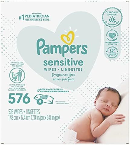 Baby Wipes, Pampers Sensitive Water Based Baby Diaper Wipes, Hypoallergenic and Unscented, 8 Refi... | Amazon (US)