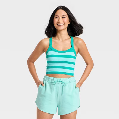 Women's Seamless Cropped Support Tank Top - JoyLab™ Turquoise Green/Aqua Blue Stripe L | Target