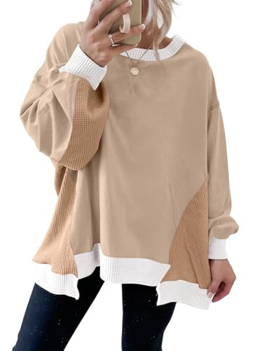 SHEWIN Sweatshirt for Women Casual Crewneck Sweatshirts Lightweight Waffle Knit Tops for Women Pullover Womens Fall Fashion 2026,(US 4-6) S,Pale Khaki | Amazon (US)