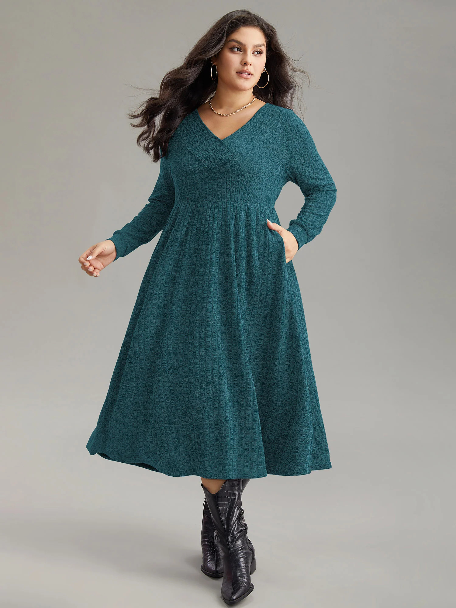 Rib Knit Plain Plisse Long Sleeve Dress | Bloomchic