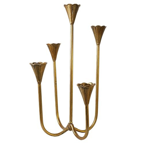 Candle Holder Vintage Candlestick Holder Stand for Stick Taper Candle, 5-Arm Cast Iron Candelabra for Wedding Centerpiece Table Decorations Fireplace Mantel Decor, Antique Brass | Amazon (US)