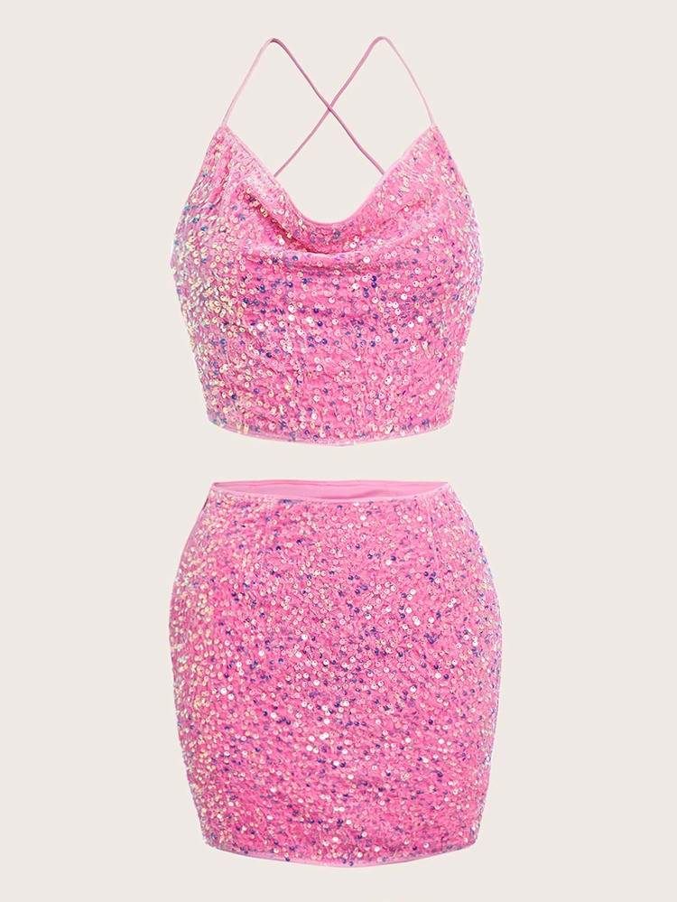 SHEIN BAE Draped Collar Crisscross Backless Sequin Cami Top & Ruched Bodycon Skirt | SHEIN