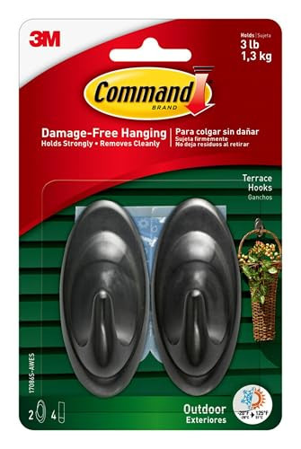 Command Outdoor Terrace Hooks, 2 Hooks and 4 Command Strips, Damage-Free Hanging Wall Hooks for Hanging Outdoor Wall Decor with Weather Resistant Strips, Holds up to 3 lb | Amazon (US)