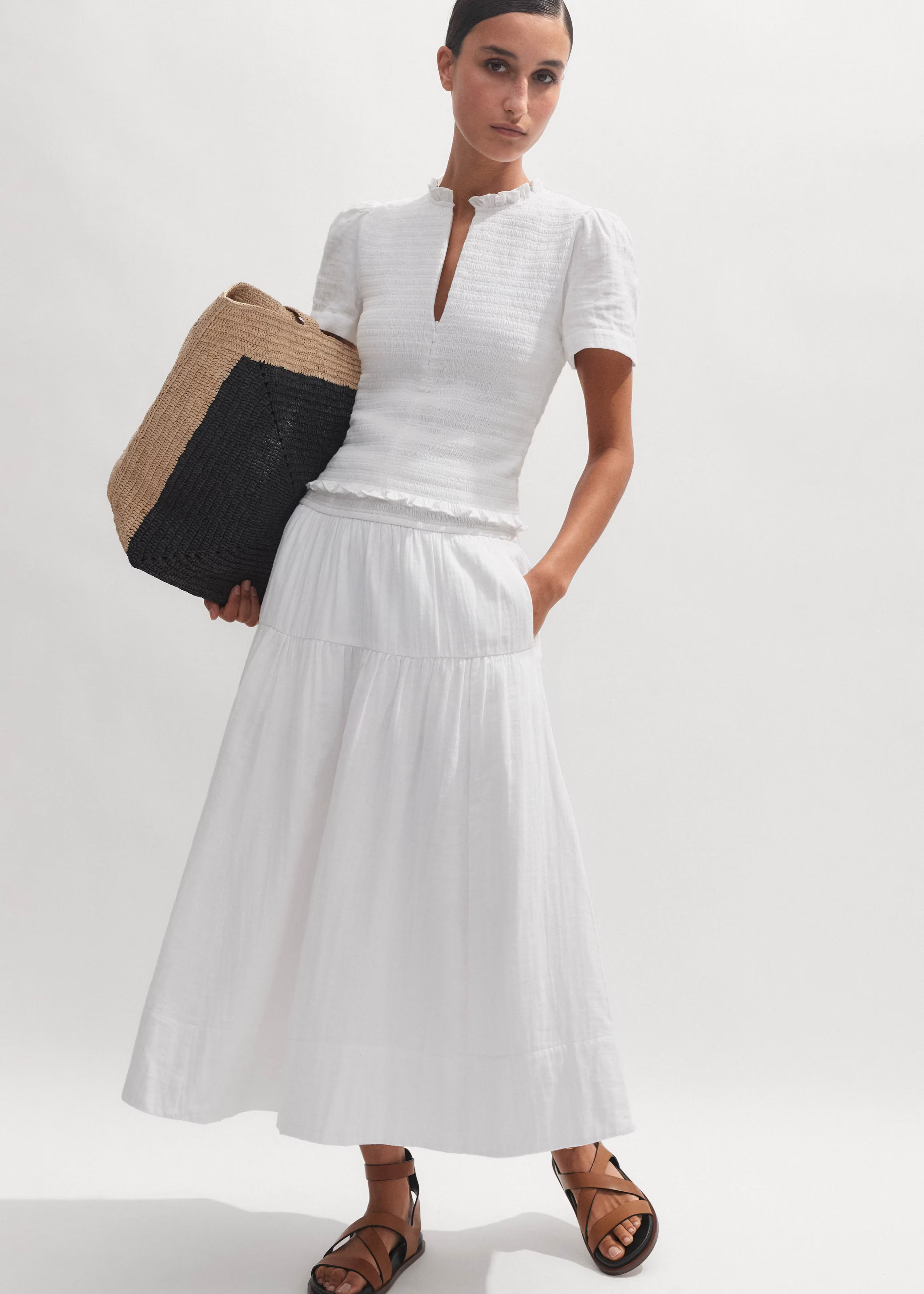 Women's White Cheesecloth Shirred Top + Midi Skirt Co-ord | ME+EM | ME+EM US
