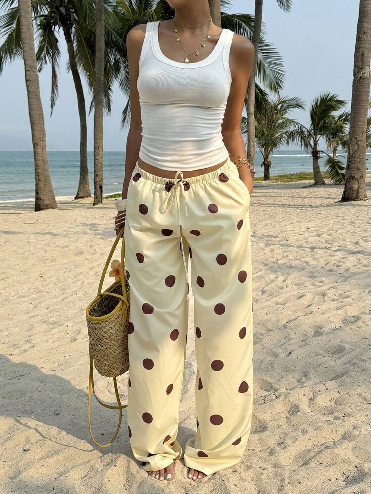 Sunnyshic Yellow & Brown Polka Dot Print Low-Waist Tie Drawstring Side Pockets Straight Leg Pants... | SHEIN